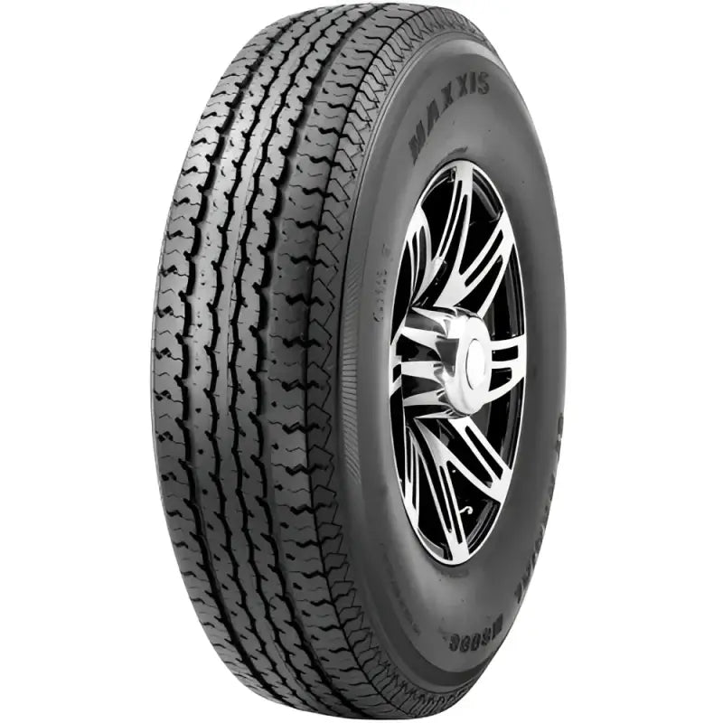 Black Maxxis tire with silver rim on ST235 80R16 for great traction and durability