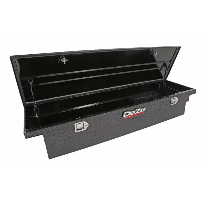 Tool Box Crossover Low Profile; Single Lid; Diamond Tread; Black Gloss Powder Coated Aluminum; 69-3/4 Inch Length x 20