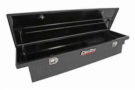 Tool Box Crossover Low Profile; Single Lid; Diamond Tread; Black Gloss Powder Coated Aluminum; 69-3/4 Inch Length x 20