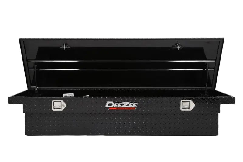 Tool Box Crossover Low Profile; Single Lid; Diamond Tread; Black Gloss Powder Coated Aluminum; 69-3/4 Inch Length x 20