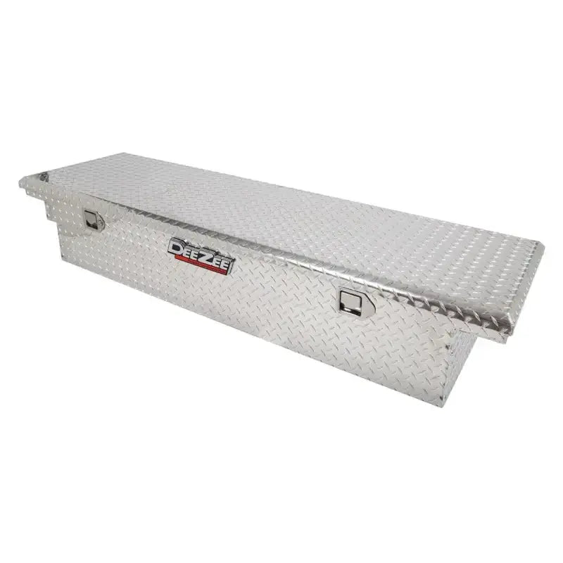 Tool Box Crossover Low Profile; Single Lid; Diamond Tread; Silver; Aluminum; 69-3/4 Inch Length x 20 Width 12.2 Height;