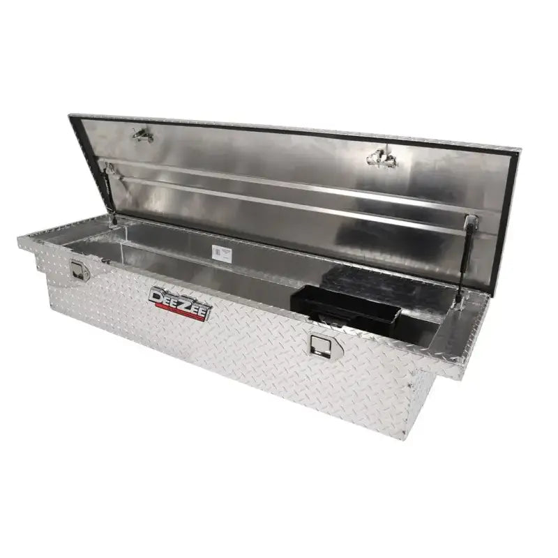 Tool Box Crossover Low Profile; Single Lid; Diamond Tread; Silver; Aluminum; 69-3/4 Inch Length x 20 Width 12.2 Height;
