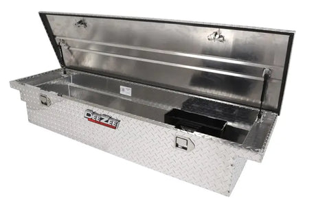 Tool Box Crossover Low Profile; Single Lid; Diamond Tread; Silver; Aluminum; 69-3/4 Inch Length x 20 Width 12.2 Height;