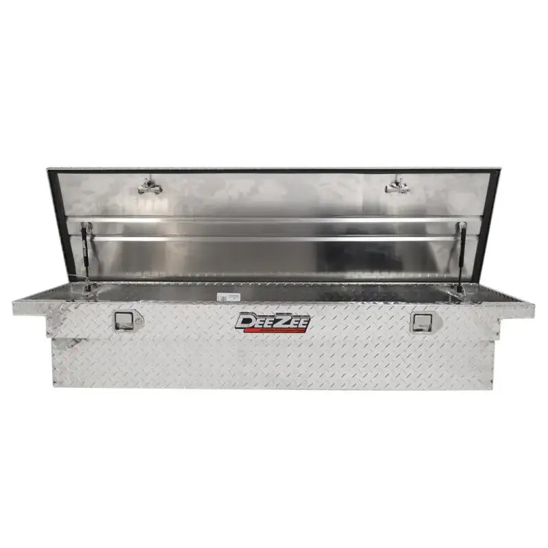 Tool Box Crossover Low Profile; Single Lid; Diamond Tread; Silver; Aluminum; 69-3/4 Inch Length x 20 Width 12.2 Height;