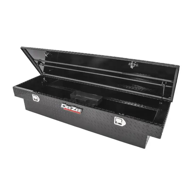 Tool Box Crossover; Single Lid; Diamond Tread; Black Gloss Powder Coated Aluminum; 69-3/4 Inch Length x 20 Width 12.2