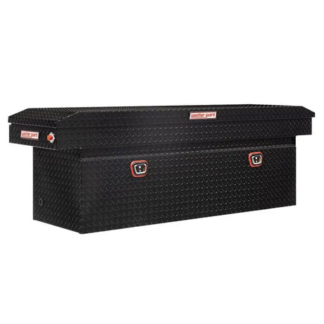 Black diamond-plate Tool Box Crossover with single lid, powder coated gloss black aluminum