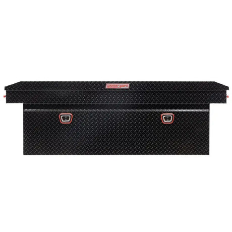 Black diamond-plate Tool Box Crossover with single lid, powder coated, fits 72in truck bed