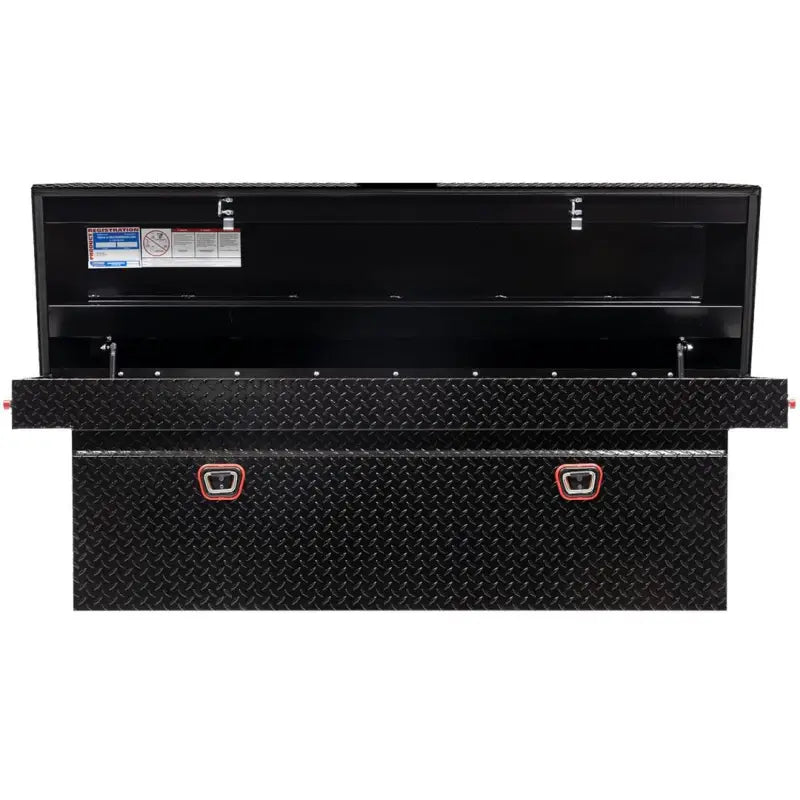 Open black diamond plate tool box crossover for trucks, large aluminum box enclosure