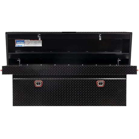 Open black diamond plate tool box crossover for trucks, large aluminum box enclosure