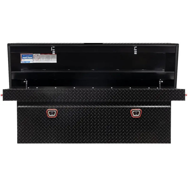 Open black diamond plate tool box crossover for trucks, large aluminum box enclosure