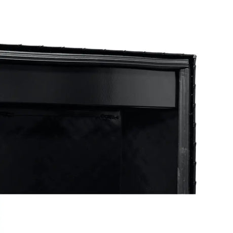 Black metal tool box crossover corner showing durable gloss black finish and aluminum build
