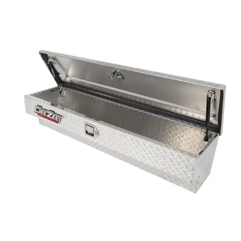 Tool Box Side Mount; Single Lid; Diamond Tread; Silver; Aluminum; 48 Inch Length x 12.75 Width 10 Height; 3 Cubic Foot
