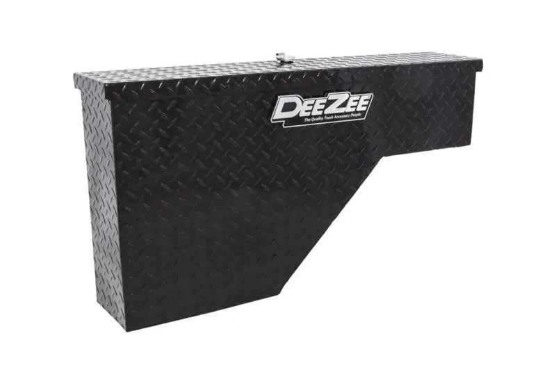 Black diamond plate truck tool box on wheel well for easy access and storage