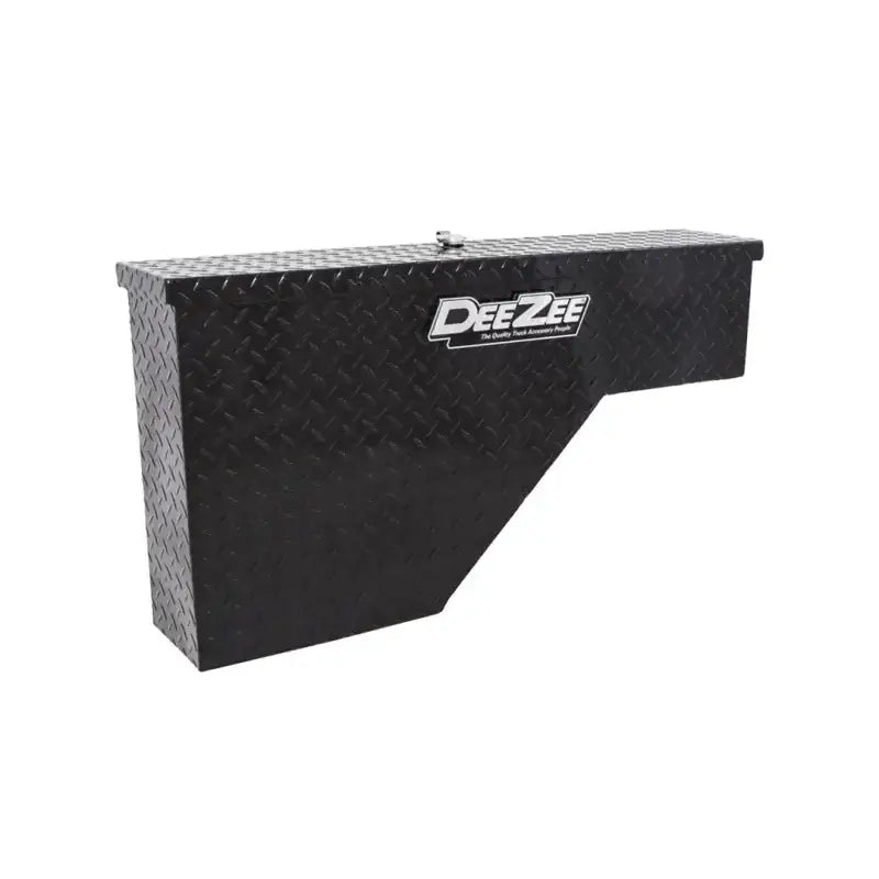 Black diamond plate truck tool box on wheel well for easy access and storage