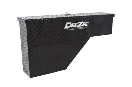 Black diamond plate truck tool box on wheel well for easy access and storage
