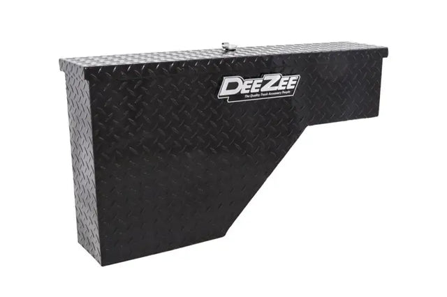 Black diamond plate truck tool box on wheel well for easy access and storage