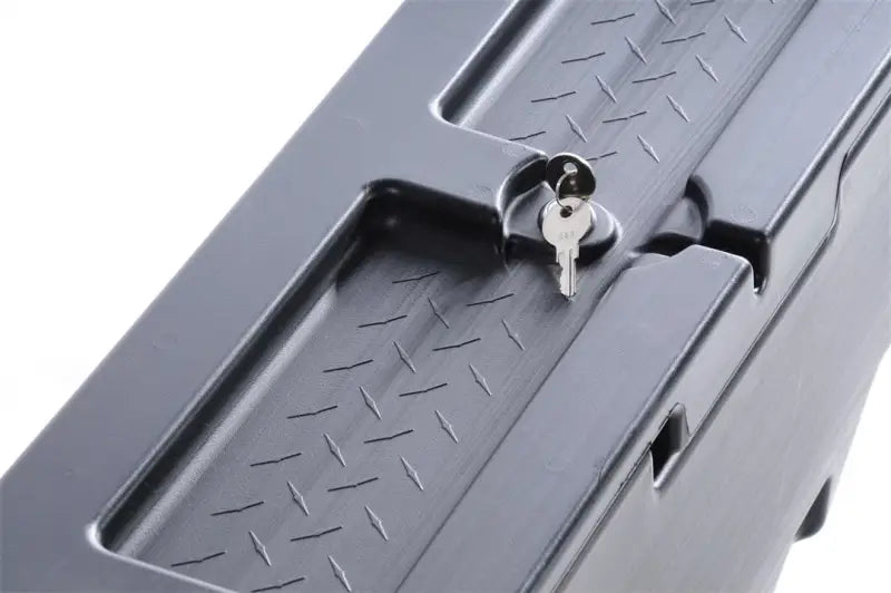 Tool Box Wheel Well; Single Reversible Lid; Black; Polyethylene; 37 Inch Top Length/ 14 Bottom Length x 7.75 Width 19.5