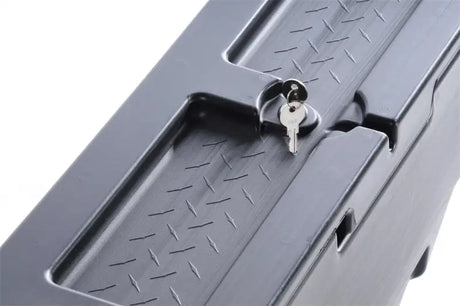 Tool Box Wheel Well; Single Reversible Lid; Black; Polyethylene; 37 Inch Top Length/ 14 Bottom Length x 7.75 Width 19.5
