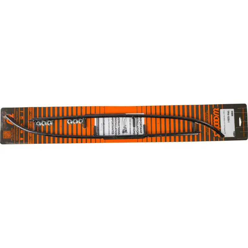 Black windshield wiper blade and replacement parts on orange brown striped backing for Trail Blazer Round or Round Bar Runners