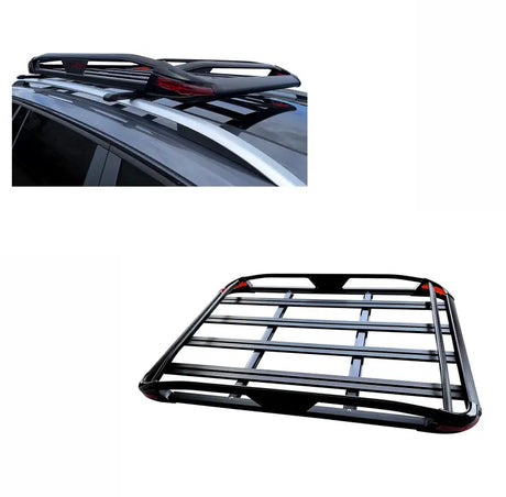 TR-RB5038 Black Horse Black Traveler Roof Rack mounted on vehicle, showcasing sleek, durable design and stylish black finish.