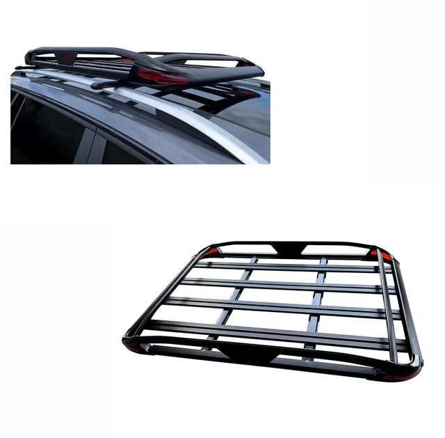 TR-RB5038 Black Horse Black Traveler Roof Rack mounted on vehicle, showcasing sleek, durable design and stylish black finish.