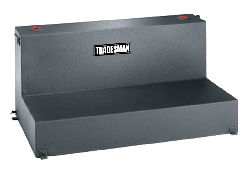 Gray metal truck tool box on Tradesman Aluminum L-shape liquid storage tank for easy liquid storage