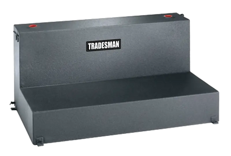 Gray metal truck tool box on Tradesman Aluminum L-shape liquid storage tank for easy liquid storage