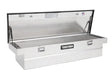 Open aluminum diamond plate tool box with single lid for cross bed trucks in Brite finish