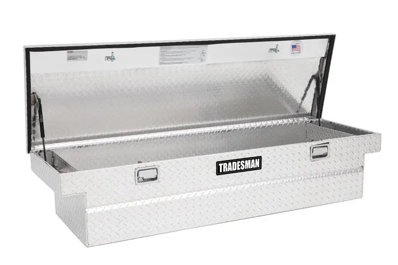 Open aluminum diamond plate tool box with single lid for cross bed trucks in Brite finish