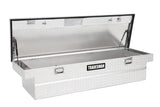 Open aluminum diamond plate tool box with single lid for cross bed trucks in Brite finish