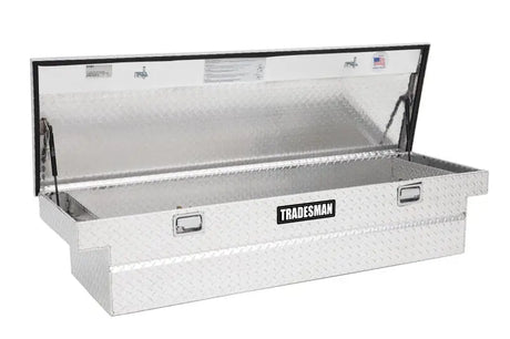 Open aluminum diamond plate tool box with single lid for cross bed trucks in Brite finish