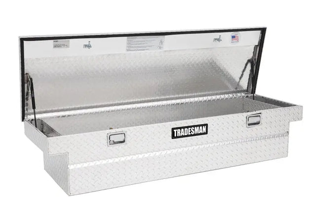 Open aluminum diamond plate tool box with single lid for cross bed trucks in Brite finish