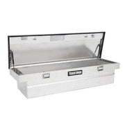 Open aluminum diamond plate tool box with single lid for cross bed trucks in Brite finish