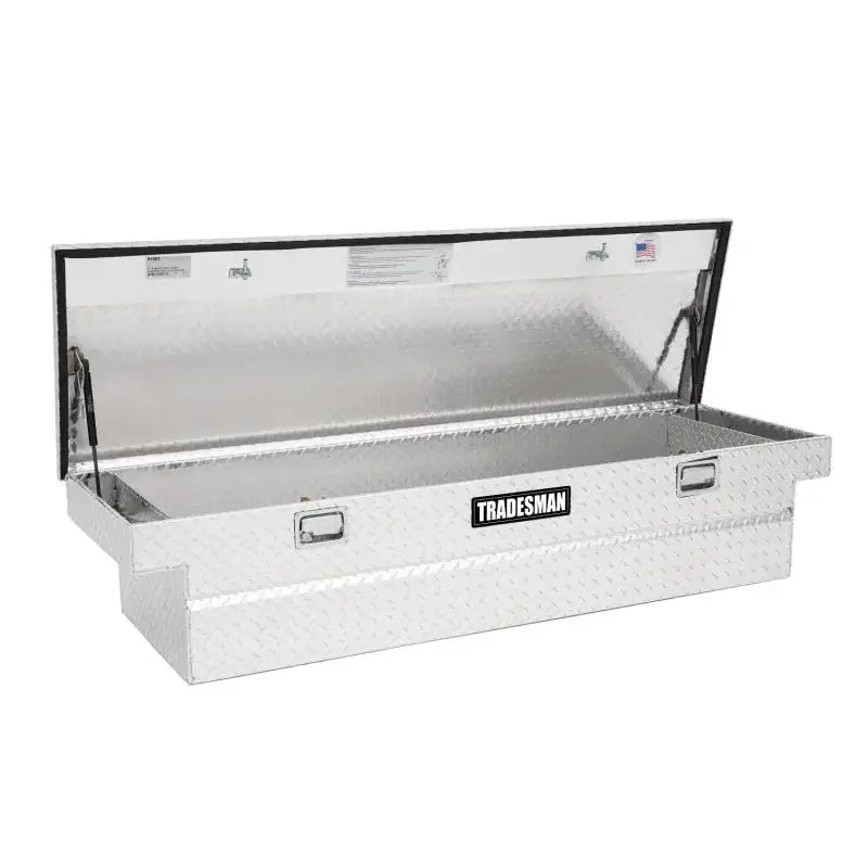 Open aluminum diamond plate tool box with single lid for cross bed trucks in Brite finish