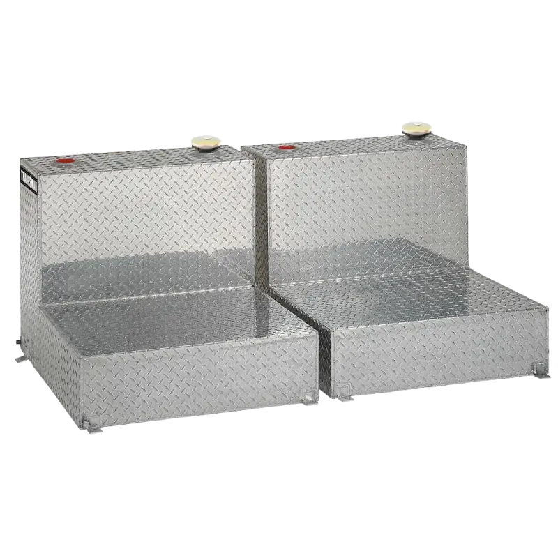 Two diamond-plated aluminum tanks of the Tradesman Aluminum Twin liquid storage tank series