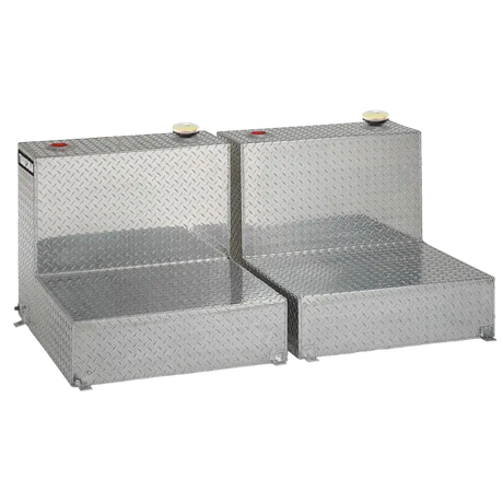 Two diamond-plated aluminum tanks of the Tradesman Aluminum Twin liquid storage tank series