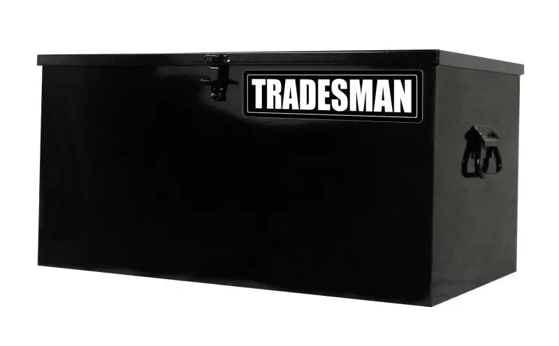 Black metal tradesman job site box for secure tool storage on the site