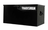Black metal tradesman job site box for secure tool storage on the site