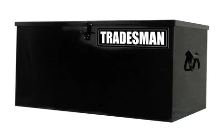 Black metal tradesman job site box for secure tool storage on the site