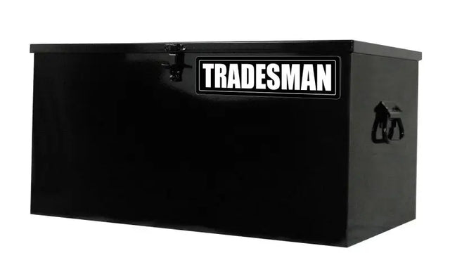 Black metal tradesman job site box for secure tool storage on the site