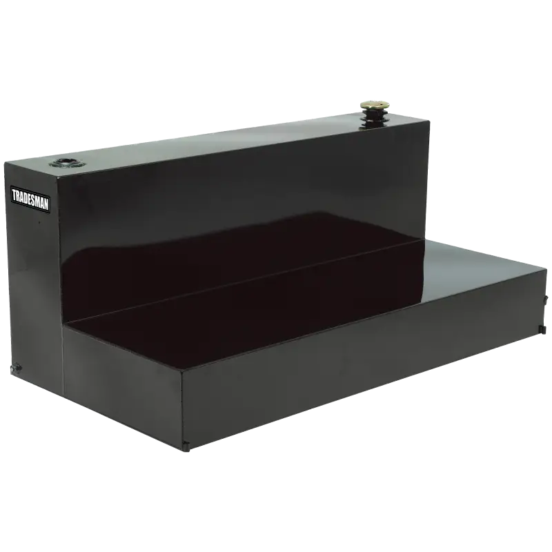 Black L-shaped auxiliary liquid storage tank with fill cap and fuel gauge for storage tank