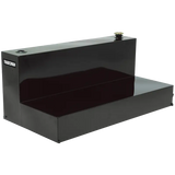 Black L-shaped auxiliary liquid storage tank with fill cap and fuel gauge for storage tank