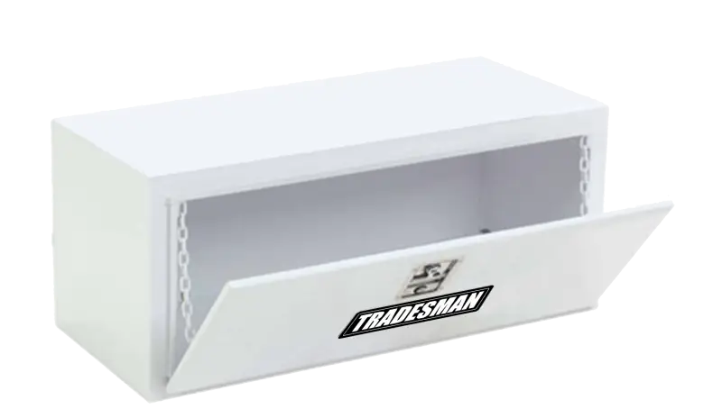 White Tradesman steel underbody truck tool box with black logo