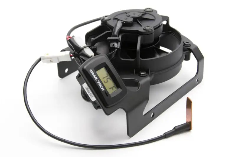Trail Tech 732-FN14 Fan Kit for Beta and Gas-Gas motorcycles showing fan, fused wire harness, and temperature gauge.