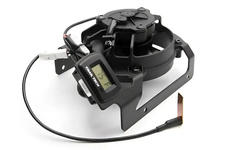 Trail Tech 732-FN14 Fan Kit for Beta/Gas-Gas with adjustable temperature trigger, fused wire harness, and digital temperature display.