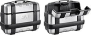 Silver and black Trekker Series motorcycle panniers with top handles, perfect for adventure touring