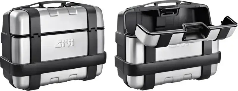 Silver and black Trekker Series motorcycle panniers with top handles, perfect for adventure touring