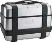 Silver motorcycle top case with black trim from the Trekker Series for adventure touring