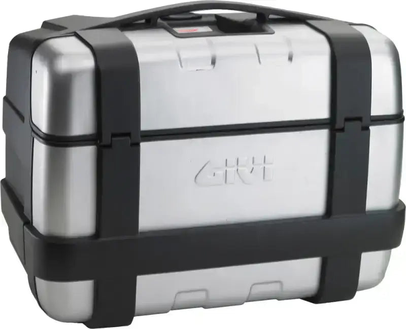 Silver motorcycle top case with black trim from the Trekker Series for adventure touring