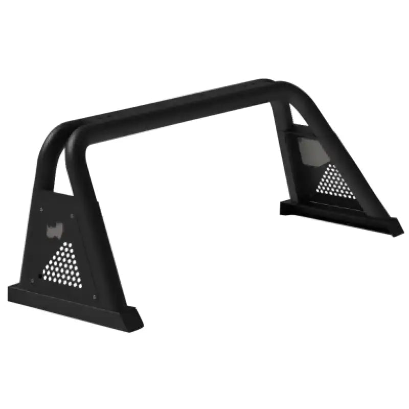 Black metal truck bed bar with mounts for lights, textured powder coat, open rail mount